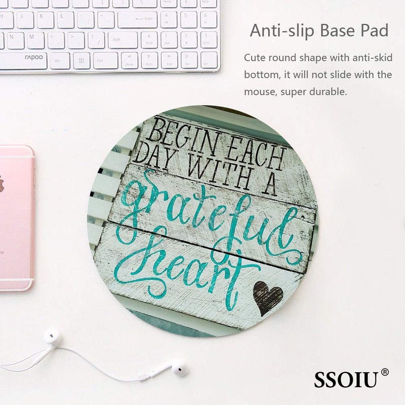 SSOIU Motivational and Inspirational Quote Mouse pad Custom, Begin Each Day with a Grateful Heart Wood Signs with Sayings,Vintage Wood Personalized Design Non-Slip Rubber Round Mousepad - Image 2
